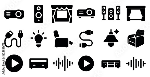 Home theater solid icons set – filled, cinema, entertainment symbols collection