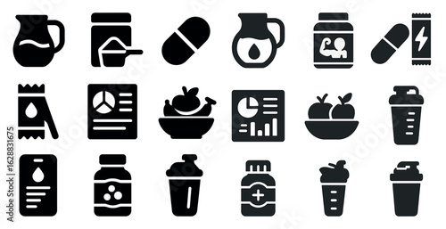 Nutrition and dietary solid icons set – flat, filled, health and wellness symbols