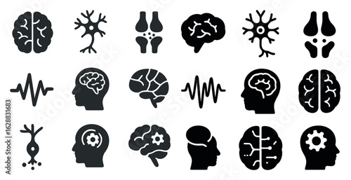 Brain and neuroscience solid icons set – filled, mental health and intelligence symbols