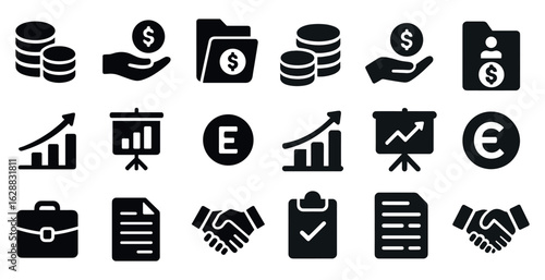 Finance and business icons set – solid, filled, corporate and money symbols