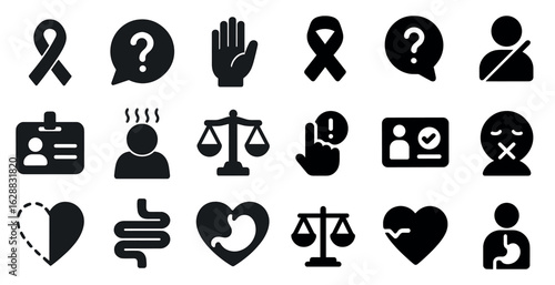 Charity and awareness icons set – solid, silhouette, nonprofit and aid symbols