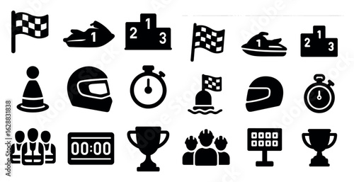 Racing and motorsport solid icons set – filled, silhouette, competition symbols
