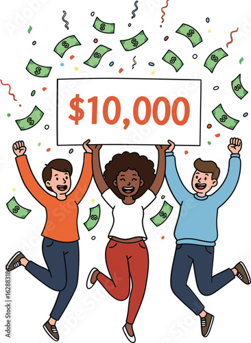 Group of diverse people celebrating winning ten thousand dollars with money falling and joyful expressions