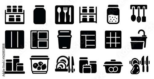 Kitchen and pantry solid icons set – filled, culinary, cooking essentials symbols