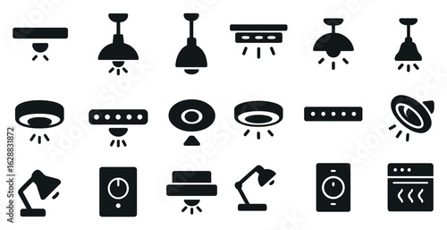 Home lighting and lamp icons set – solid, filled, interior and decor symbols
