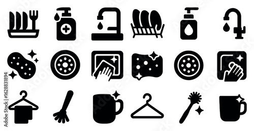 Kitchen and cleaning solid icons set – neat, organized, household essentials
