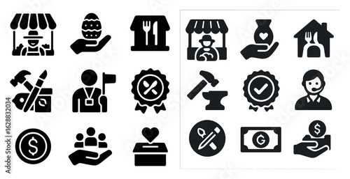 Marketplace and craft solid icons set – shopping, trade, commerce symbols