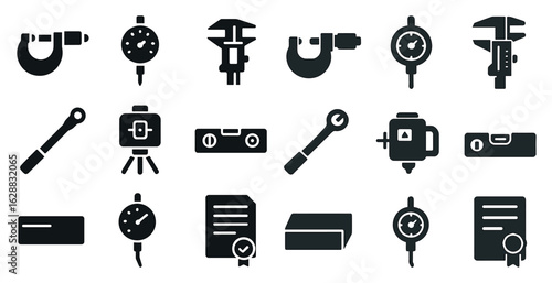 Engineering and measurement solid icons set – filled, tools, precision symbols