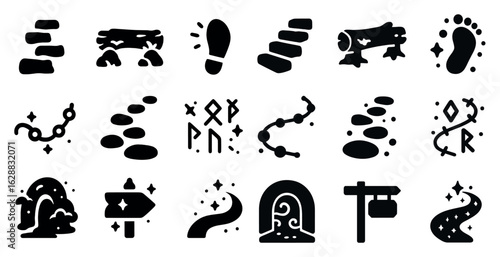 Path and journey solid icons set – filled, silhouette, travel and direction symbols