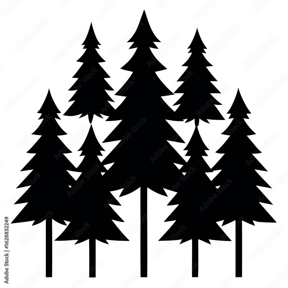 Obraz premium Bundle of 9 pine tree silhouettes with wide spacing isolated on white background silhouette