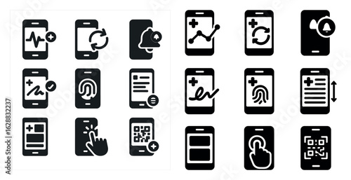 Healthcare mobile interface icons set – solid, filled, medical app symbols
