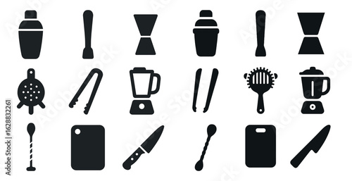 Bar tools solid icons set – filled, mixer, bartending essentials collection