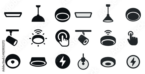 Home lighting solid icons set – silhouette, filled, illumination and decor symbols