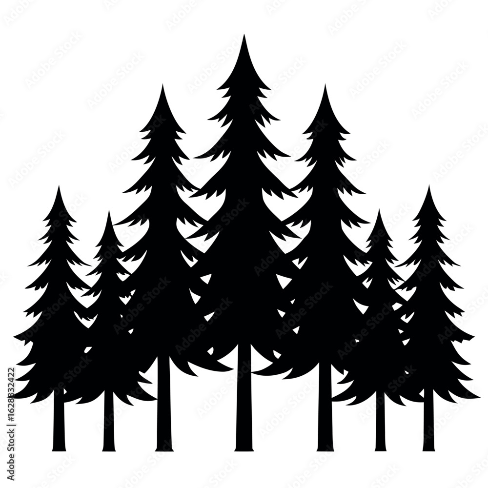 Obraz premium Group of 10 pine tree silhouettes isolated on white background