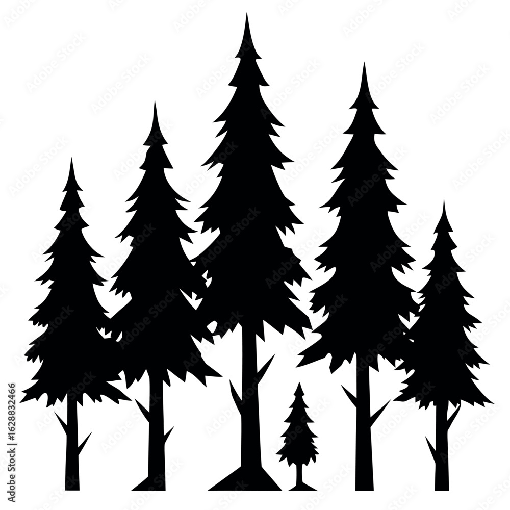 Obraz premium Pack of six pine tree silhouettes mimicking alpine forests isolated on white background silhouette