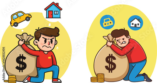 Man struggling with heavy money bag symbolizing financial burden and stress about house and car expenses in cartoon style