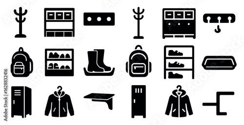 Storage and organization solid icons set – filled, closet, locker symbols