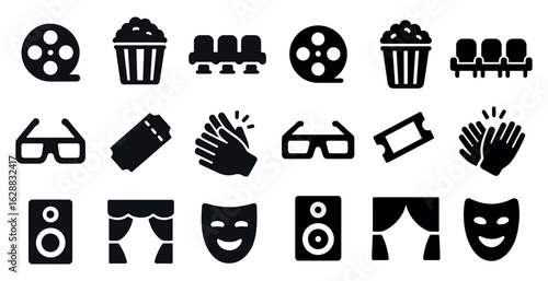 Cinema and entertainment solid icons set – outline, movie, theater and film symbols