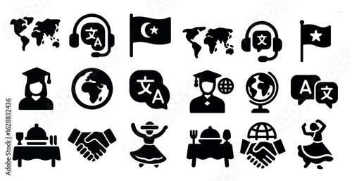International communication icons set – silhouette, solid, global translation symbols