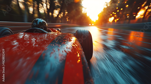 Red Vintage Race Car Speeding Through Wet Track at Sunset