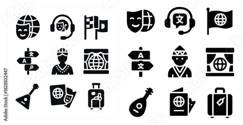 International communication solid icons set – global, translation, language symbols