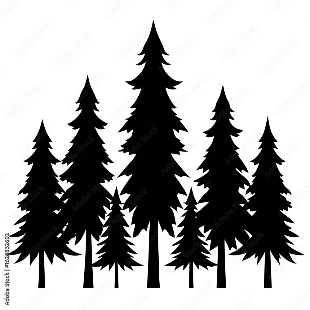 Fototapeta premium Set of 10 scratchy rough pine tree silhouettes isolated on white background