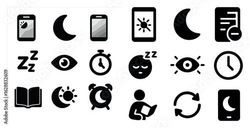 Sleep and night flat icons set – solid, bedtime, dream symbols