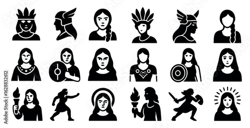 Viking mythology silhouette icons set – nordic warriors, norse, medieval symbols