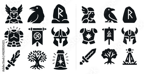 Norse mythology silhouette icons set – filled, solid, viking and legend symbols