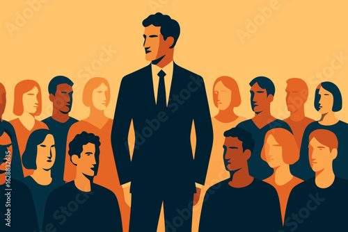 Confident businessman in a suit standing out among a diverse group of professionals in an abstract setting. Concept of leadership, influence, individuality and executive presence
