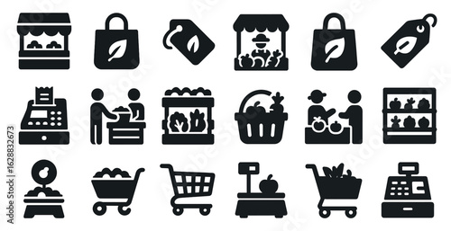 Grocery and market solid icons set – filled, shopping, retail symbols