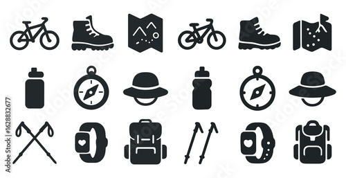 Outdoor adventure solid icons set – hiking, camping, exploration symbols