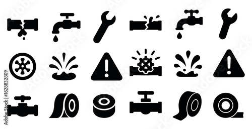 Plumbing solid icons set – silhouette, tools, leak prevention symbols for designers