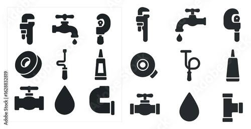 Plumbing and repair solid icons set – silhouette, tools, maintenance symbols