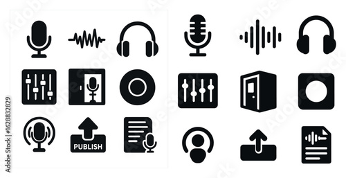 Podcast and audio solid icons set – filled, vector, broadcasting and sound symbols
