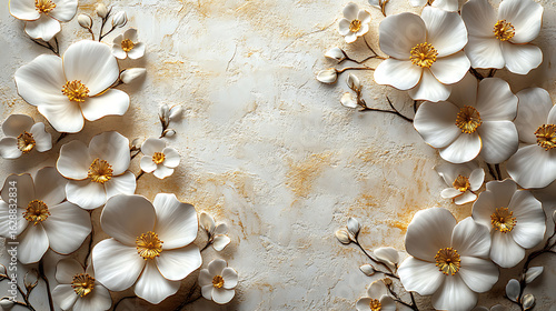 Elegant 3D Embossed White Flowers on Beige Textured Background