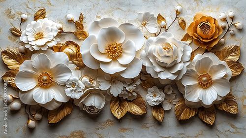 Luxurious 3D Floral Arrangement White and Gold Flowers