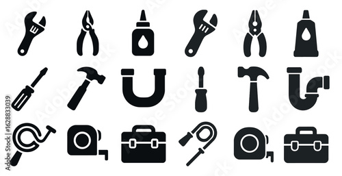 Tools and construction solid icons set – filled, repair and building symbols