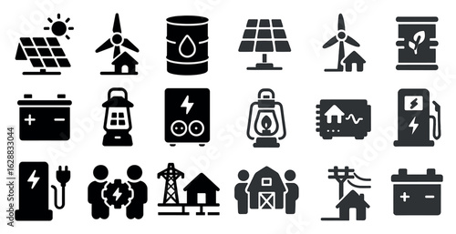 Renewable energy solid icons set – sustainable, green, eco-friendly symbols