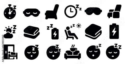 Sleep and relaxation silhouette icons set – solid, filled, bedtime and rest symbols