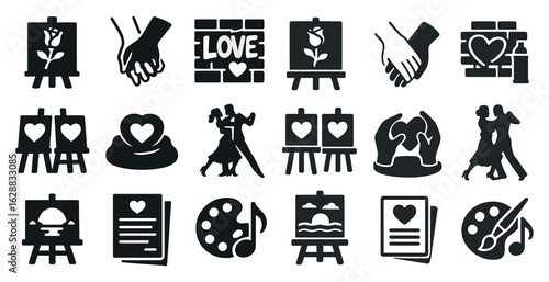 Romantic and art silhouette icons set – love, painting, couples graphics