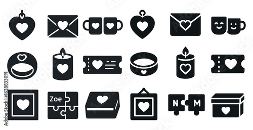 Valentine's day silhouette icons set – love, romantic, couple theme symbols