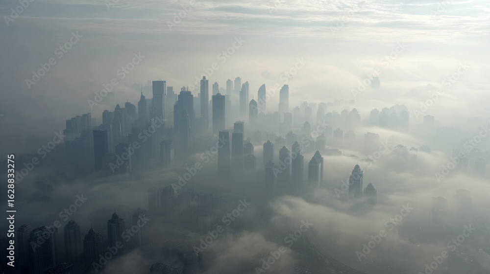 Fototapeta premium Smog covers a city, skyscrapers barely visible through thick gray air, with the skyline fading into pollution’s heavy mist and haze.