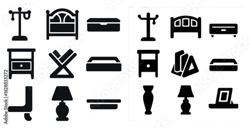 Home furnishing solid icons set – minimalist, filled, furniture and decor symbols