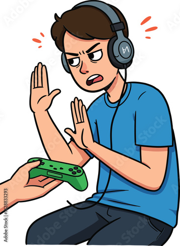 Young man refusing to share green game controller while wearing headphones in blue shirt digital illustration