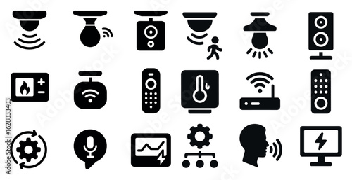 Smart home solid icons set – automation, technology, gadget symbols