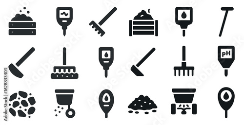 Soil analysis icons set – solid, filled, gardening and agricultural symbols