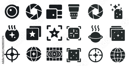Photography and camera solid icons set – filled, lens, shutter symbols