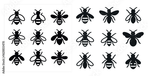 Bee silhouette icons set – solid, insect, pollination and apiary symbols