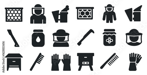 Beekeeping and apiary solid icons set – silhouette, filled, honey and hive tools